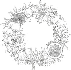 Christmas wreath with poinsettia, pine cones, citrus slices, greenery branches and cotton flowers