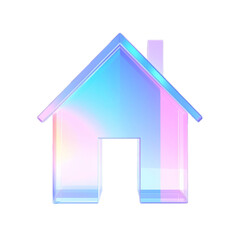 3d glass holographic home render web icon. Rainbow crystal house building with pink blue gradient texture.