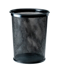 Black metal waste bin with a perforated design