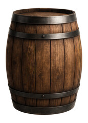 Fototapeta premium Wooden barrel with dark metal bands, made from vertical wooden staves, ideal for storage or decorative purposes on transparent background.