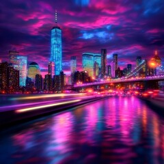 Obraz premium Night Cityscape Pink and Blue Hues Reflecting on Water
