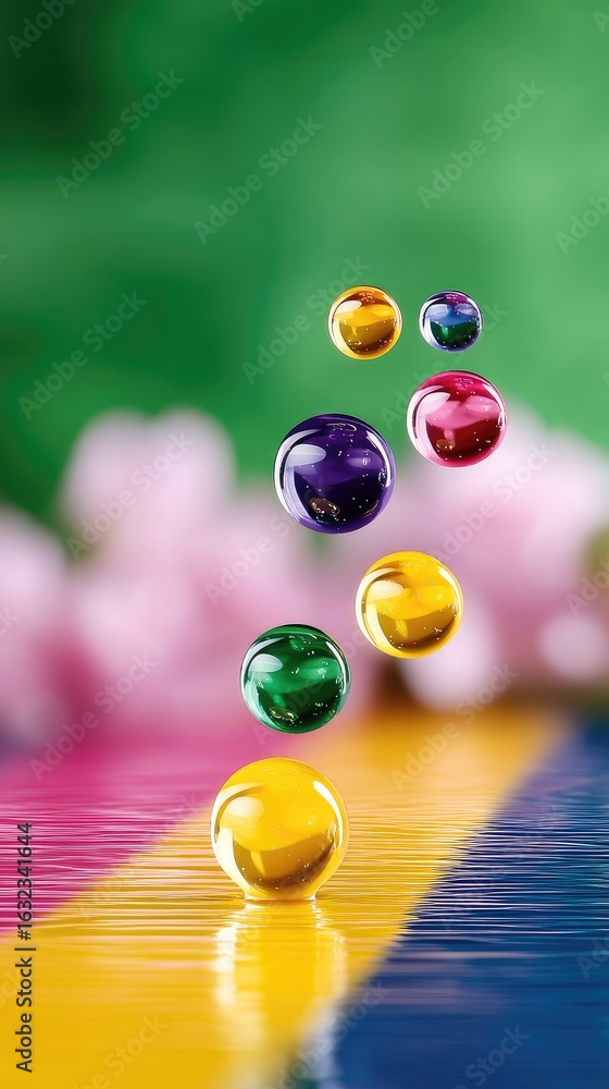 Poster colorful bubbles floating on reflective gradient surface