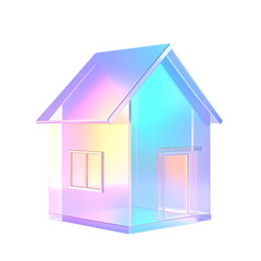 3d glass holographic home render web icon. Rainbow crystal house building with pink blue gradient texture.