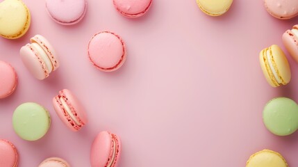 Obraz premium Colorful Macarons on a Soft Pink Background for Dessert Lovers