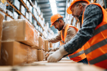 Workers organize packages in a warehouse during daytime operations