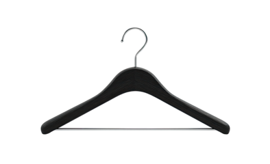 Black wooden coat hanger, front view.  Chrome hook