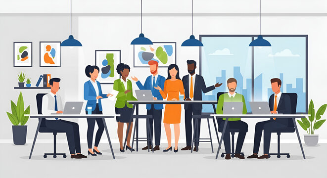 A diverse team of business professionals collaborating in a modern office, showcasing the concept of teamwork and corporate success.