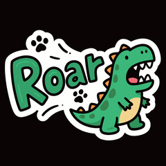 Roar Text with a Cute Green Dinosaur and Paw Prints, Playful and Fun Cartoon Graphic for Kids, Prehistoric Animal Illustration