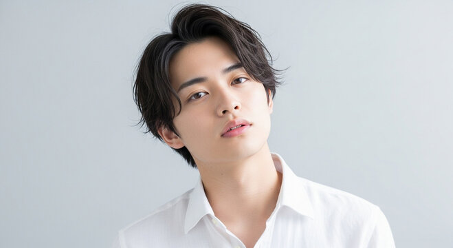 清潔感のある日本人男性のスキンケア・ヘアスタイルポートレート｜A portrait of a clean and fresh-looking Japanese man focusing on skincare and hairstyle
