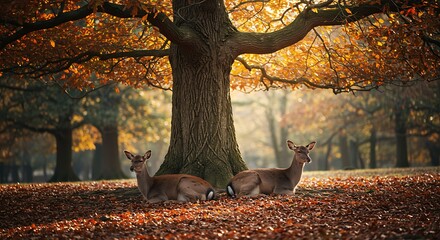 Two graceful deer resting peacefully under a majestic tree in a vibrant autumn forest bathed in golden sunlight