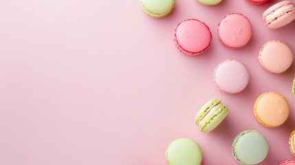 Colorful Macarons Arranged on Pink Background with Negative Space