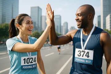Happy runners giving high five after marathon finish wearing medals and race numbers on sunny day in city street celebrating success together. Ai generative