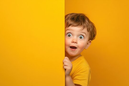 Naklejki Surprised Child Peeking Around Corner