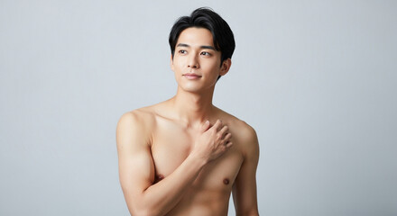Fototapeta premium 胸に手を当てる上半身裸の若い日本人男性