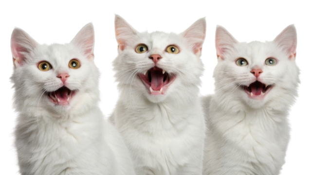 Fluffy white American bobtail cats display joyful expressions with their mouths open, showcasing their playful nature and charm