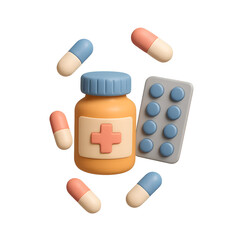 3D healthcare and medicine icon set. Pills, capsules and bottle concept.