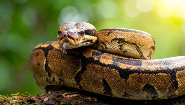 Close-up of a patterned python coiled on a branch in a sunlit forest, its tongue flicking out.