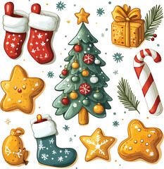 Fototapeta premium A delightful vector illustration set of cartoon holiday gingerbread cookies and winter Christmas decorations, including Santa, a snowman, a star, and a tree