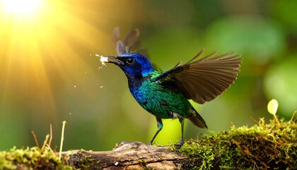 Obraz premium Radiant hummingbird feeding, wings spread amidst vibrant green foliage basking in sunlight