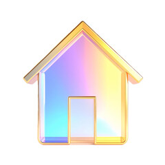 3d glass gold home render web icon. Rainbow crystal house building with pink blue gradient texture.