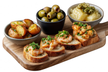 Delicious shrimp crostini with potatoes and olives isolated on transparent background