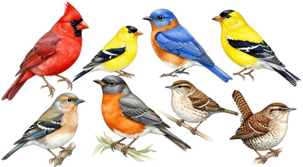 Colorful Songbirds Collection on White Background