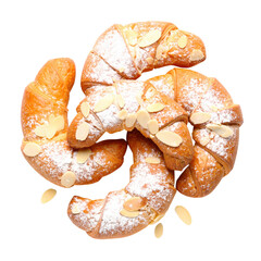 Almond croissants with powdered sugar bakery pastry dessert sweet golden brown isolated top view delicious flaky fresh