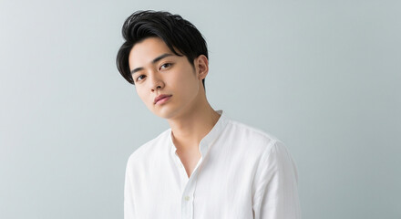 Fototapeta premium 清潔感のある日本人男性のスキンケア・ヘアスタイルポートレート｜A portrait of a clean and fresh-looking Japanese man focusing on skincare and hairstyle