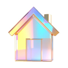 3d glass gold home render web icon. Rainbow crystal house building with pink blue gradient texture.