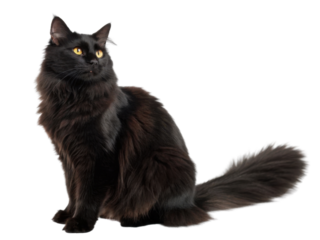 Majestic black cat with striking yellow eyes sits gracefully, showcasing its elegant fur and poised demeanor