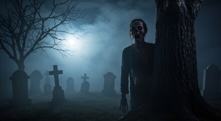 Graveyard zombie lurks behind a tree moonlit tombstones in background
