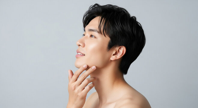清潔感のある日本人男性のスキンケア・ヘアスタイルポートレート｜A portrait of a clean and fresh-looking Japanese man focusing on skincare and hairstyle