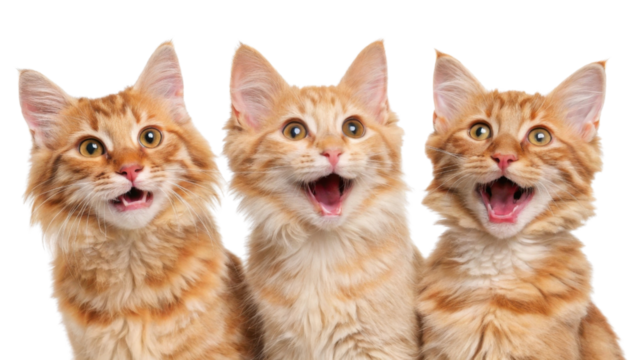 Three cheerful American curl cats with fluffy fur and bright eyes express joy and curiosity, showcasing their playful nature