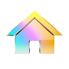 3d glass gold home render web icon. Rainbow crystal house building with pink blue gradient texture.