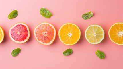 Colorful Citrus Fruits with Fresh Mint Leaves on Pink Background