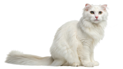 Fluffy white cat with striking eyes sits gracefully, showcasing its elegant curl and playful demeanor, embodying charm of American breed