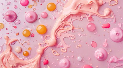 Vibrant Paint Splashes and Droplets on Pink Background Surface
