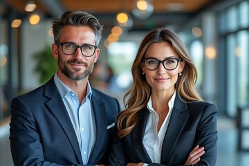 Photo of portrait of a confident and attractive business man and woman wearing glasses and smiling in an office setting