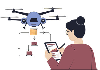 A woman analyzes drone delivery data on a tablet, showcasing modern logistics and technology. Clean, professional illustration.