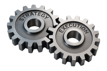 Two metal gears labeled "Strategy" and "Execution" interlocking, symbolizing coordinated planning and implementation on transparent background.