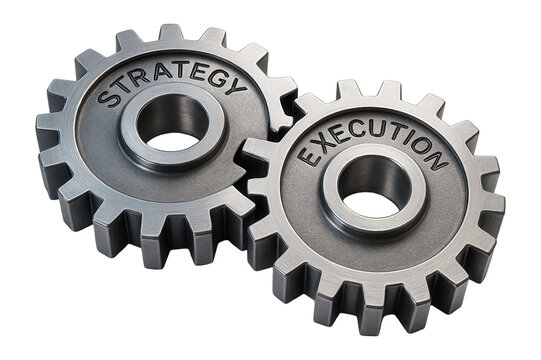 Two metal gears labeled "Strategy" and "Execution" interlocking, symbolizing coordinated planning and implementation on transparent background.
