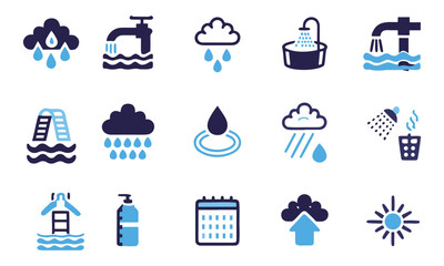 Fototapeta premium Clean Water and Tap Icons Water Drop, Rain, Filtration, and Conservation Vector Set