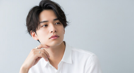 清潔感のある日本人男性のスキンケア・ヘアスタイルポートレート｜A portrait of a clean and fresh-looking Japanese man focusing on skincare and hairstyle