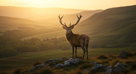 Fototapeta premium Majestic stag stands proudly as golden sunrise bathes rolling hills in a warm, tranquil glow