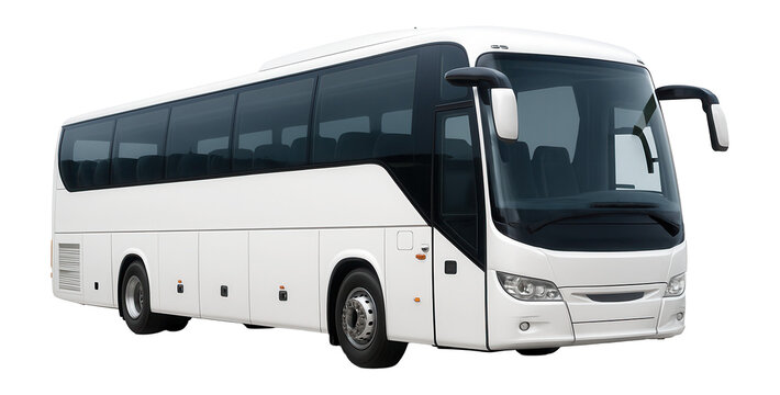Large modern white passenger bus with tinted windows and sleek design on transparent background.