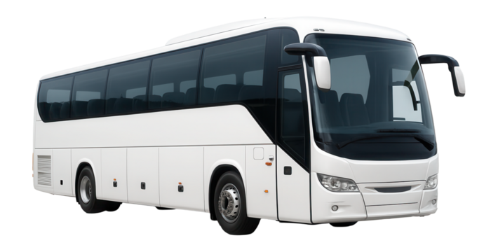 Large modern white passenger bus with tinted windows and sleek design on transparent background.