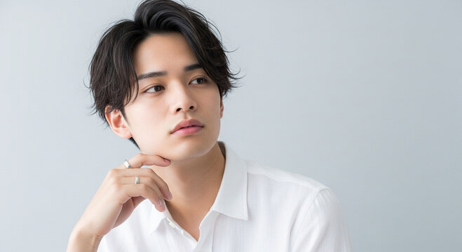 清潔感のある日本人男性のスキンケア・ヘアスタイルポートレート｜A portrait of a clean and fresh-looking Japanese man focusing on skincare and hairstyle