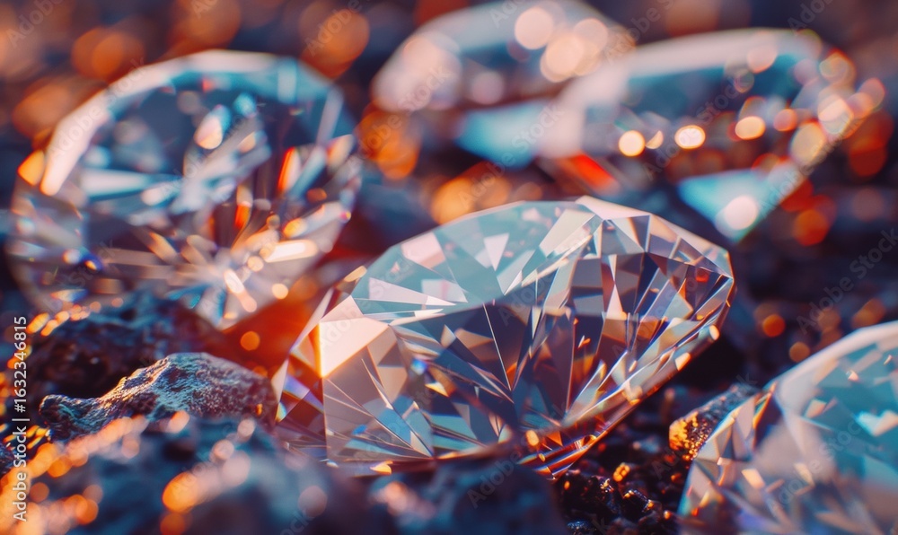Poster sparkling diamonds on dark texture surface macro shot for precious gems