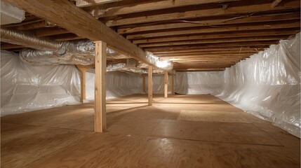 Fototapeta premium Wooden Support Beams and Plastic Sheeting in Crawl Space