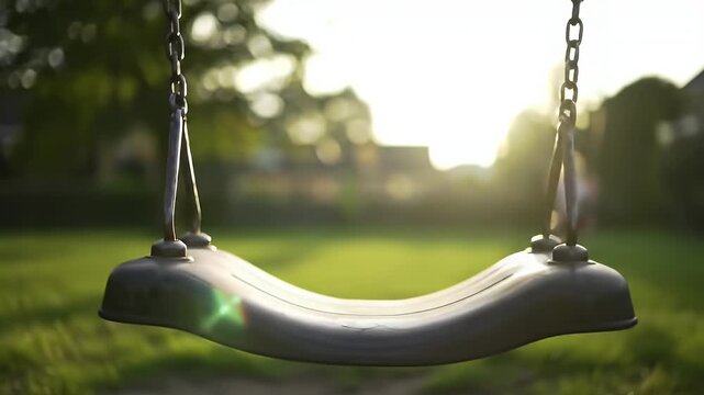 Swing Set Suspended in Warm Sunset Light in Verdant Park with Child Running